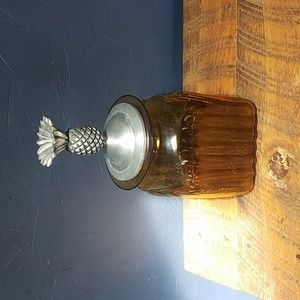 Golden Amber Ribbed Glass Canister Pewter Pineapple Lid Hand Blown Handmade